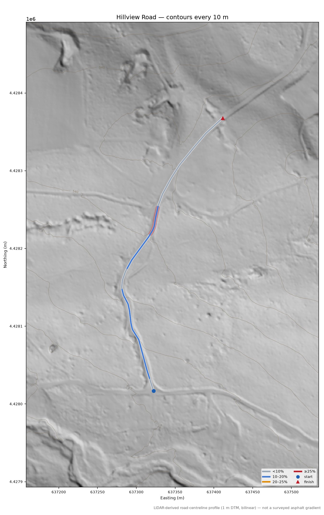Hillview Road LiDAR hillshade map with contours