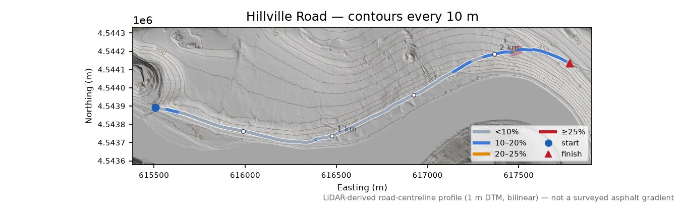 Hillville Road LiDAR hillshade map with contours