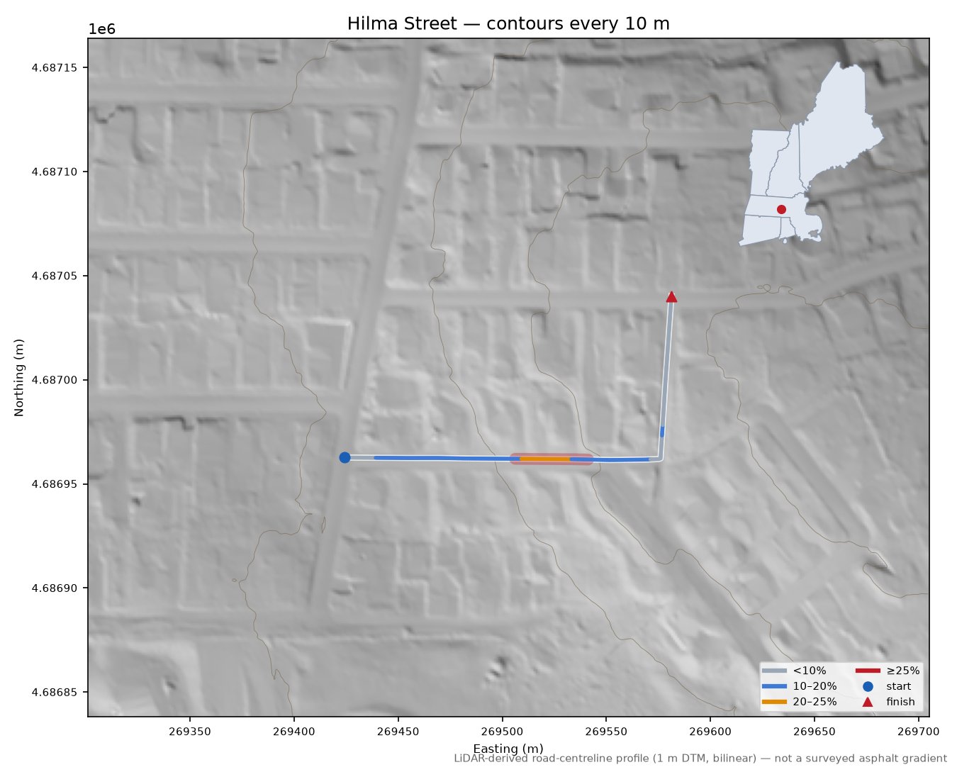 Hilma Street LiDAR hillshade map with contours