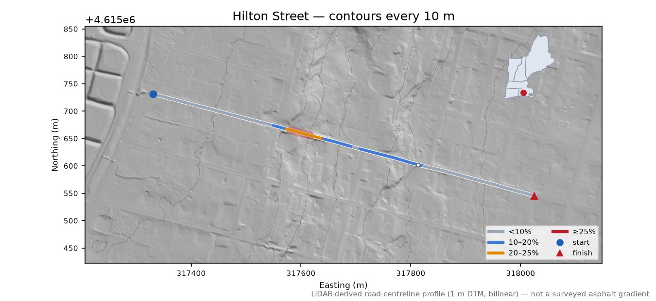 Hilton Street LiDAR hillshade map with contours