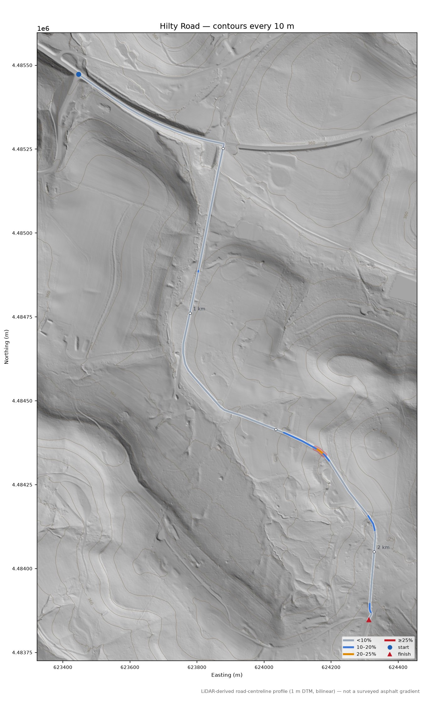 Hilty Road LiDAR hillshade map with contours