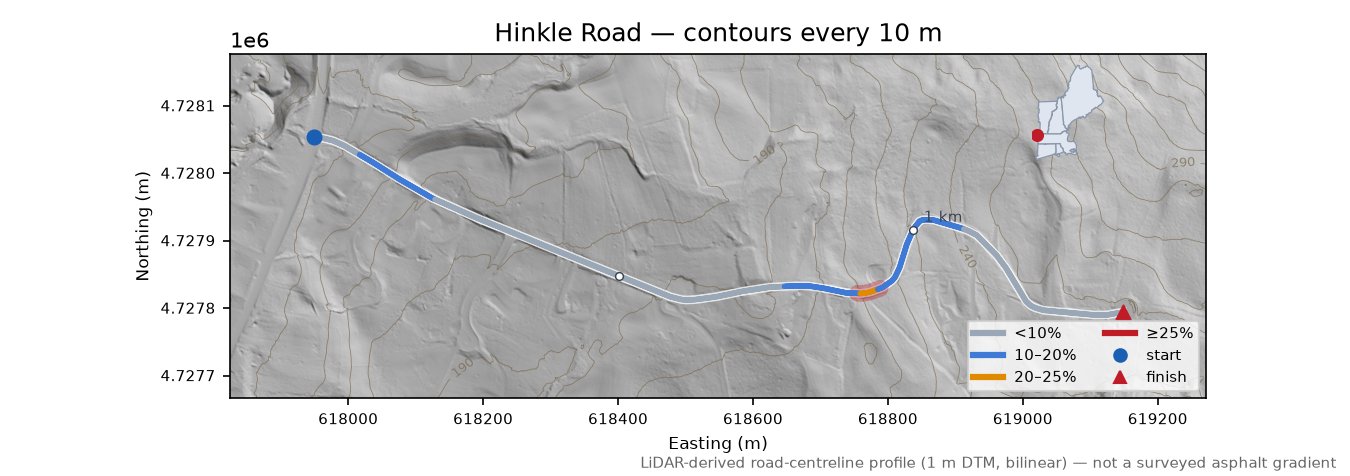 Hinkle Road LiDAR hillshade map with contours