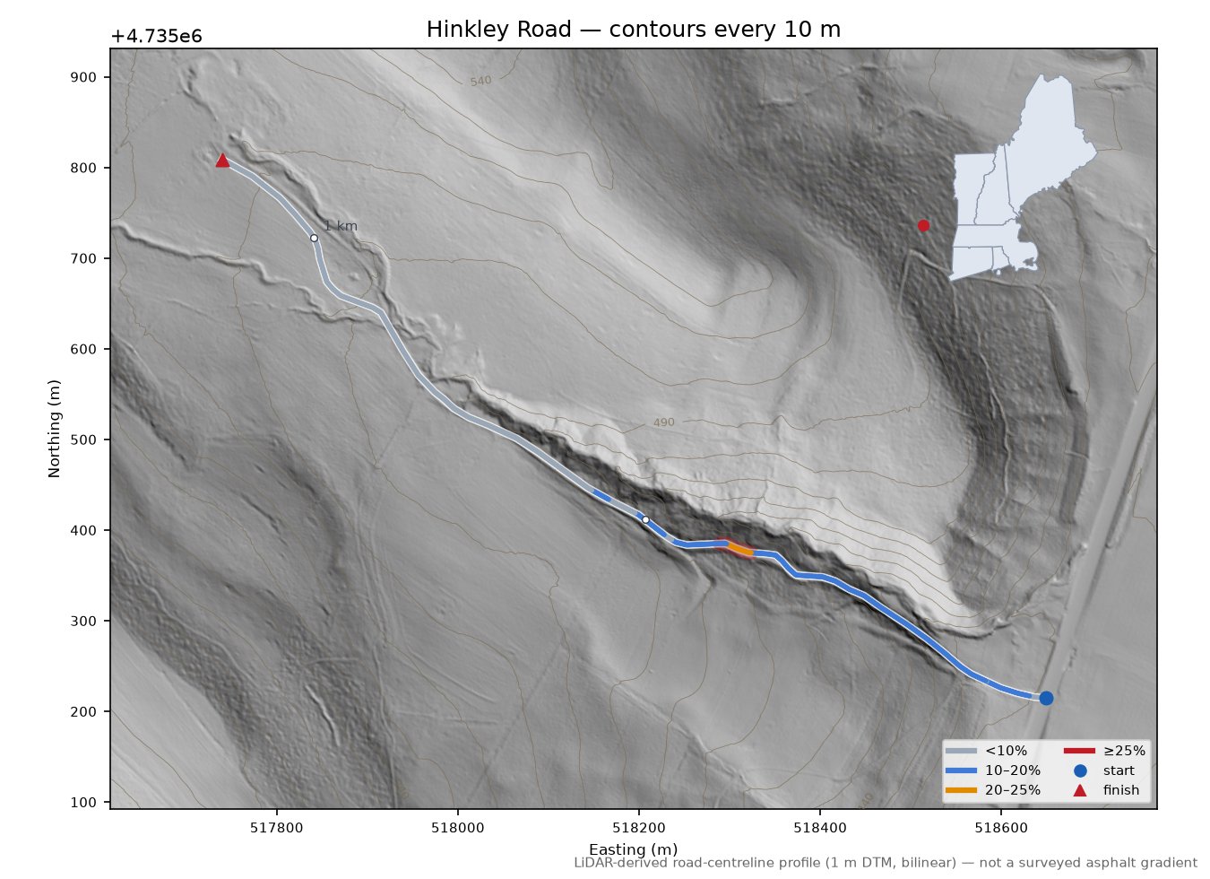 Hinkley Road LiDAR hillshade map with contours