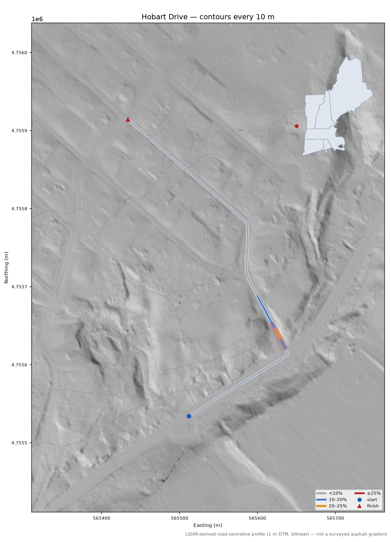 Hobart Drive LiDAR hillshade map with contours