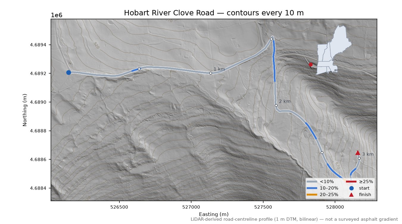 Hobart River Clove Road LiDAR hillshade map with contours