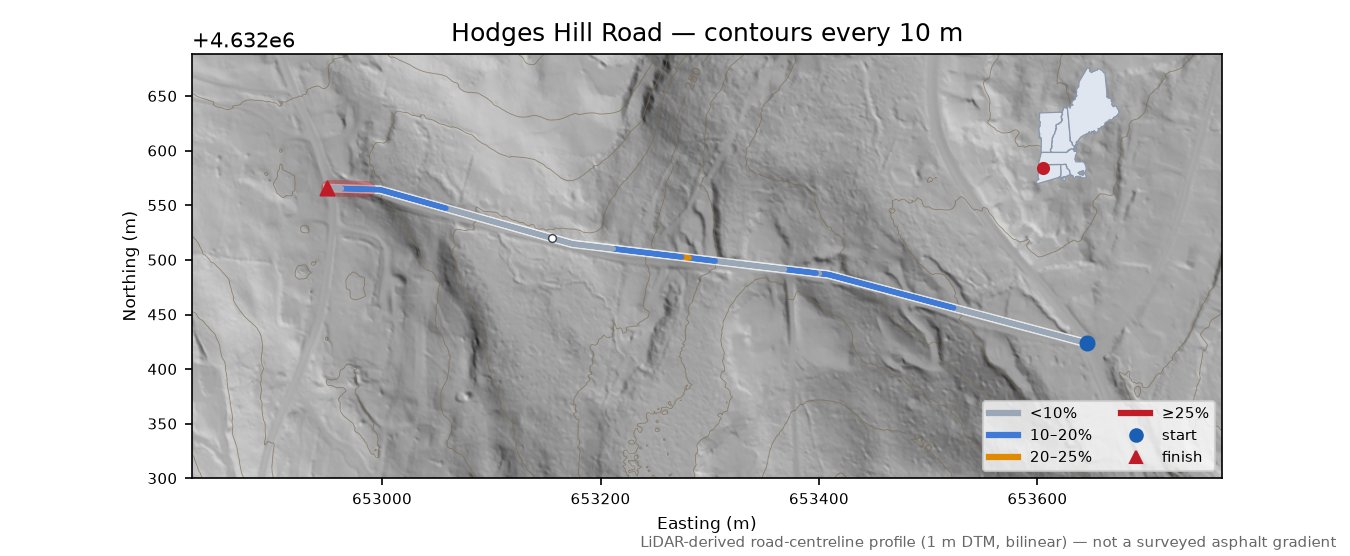 Hodges Hill Road LiDAR hillshade map with contours