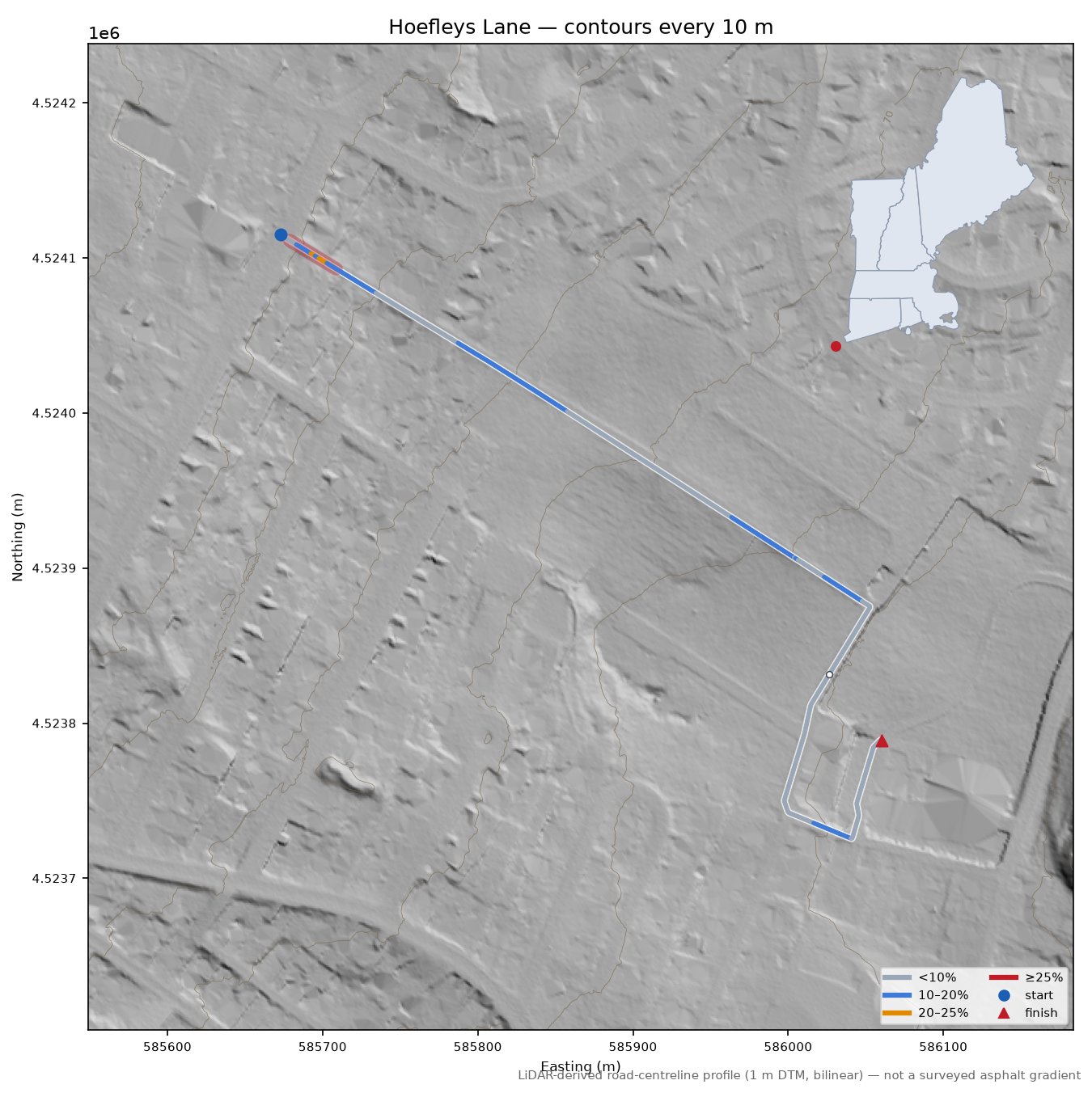 Hoefleys Lane LiDAR hillshade map with contours