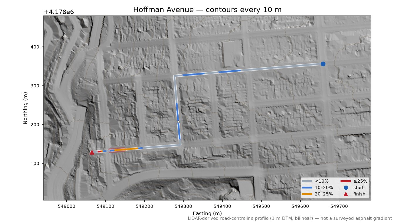 25th Street LiDAR hillshade map with contours