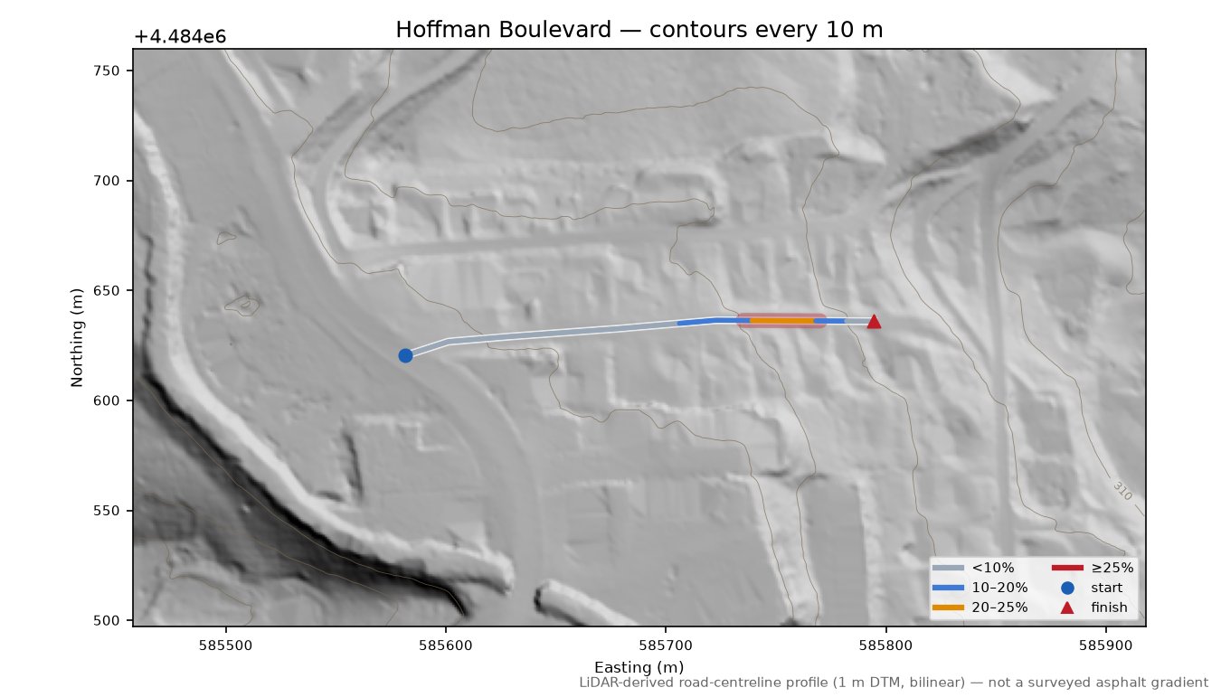 Hoffman Boulevard LiDAR hillshade map with contours