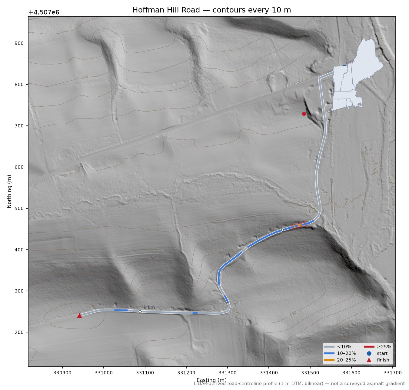 Hoffman Hill Road LiDAR hillshade map with contours