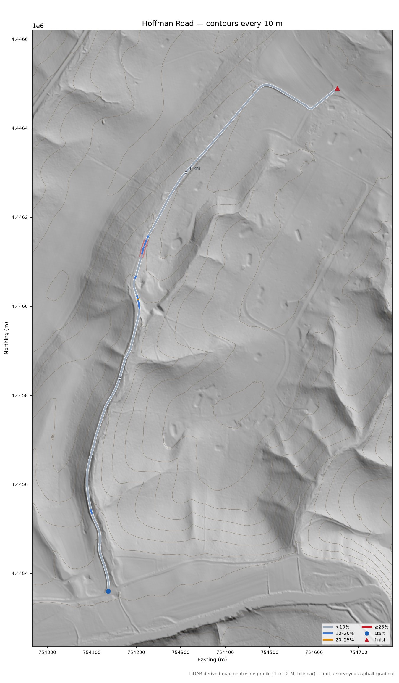 Hoffman Road LiDAR hillshade map with contours