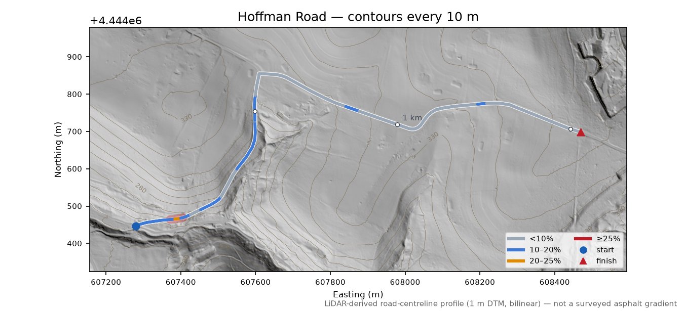 Hoffman Road LiDAR hillshade map with contours