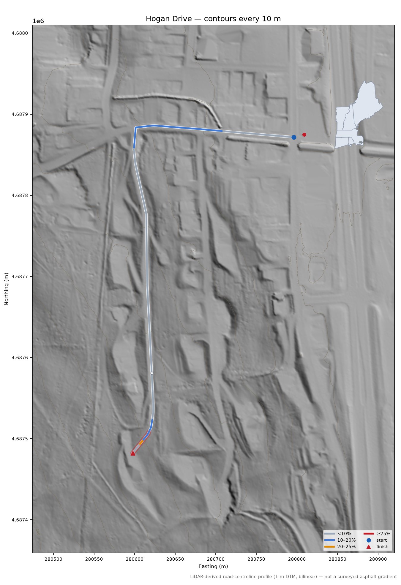 Hogan Drive LiDAR hillshade map with contours
