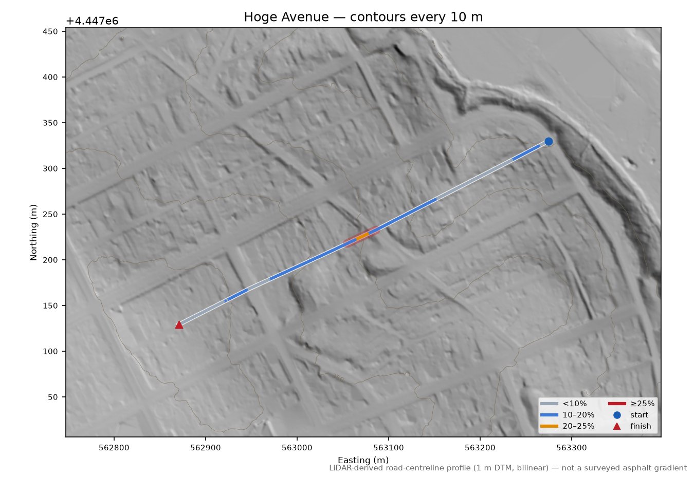 Hoge Avenue LiDAR hillshade map with contours