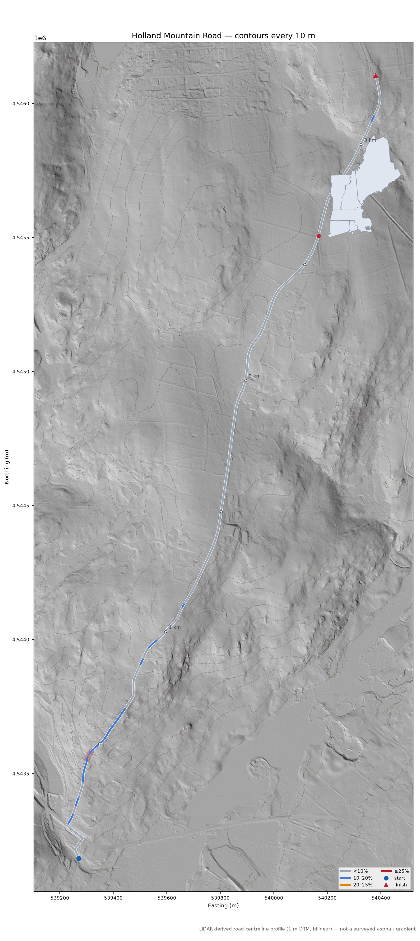 Holland Mountain Road LiDAR hillshade map with contours