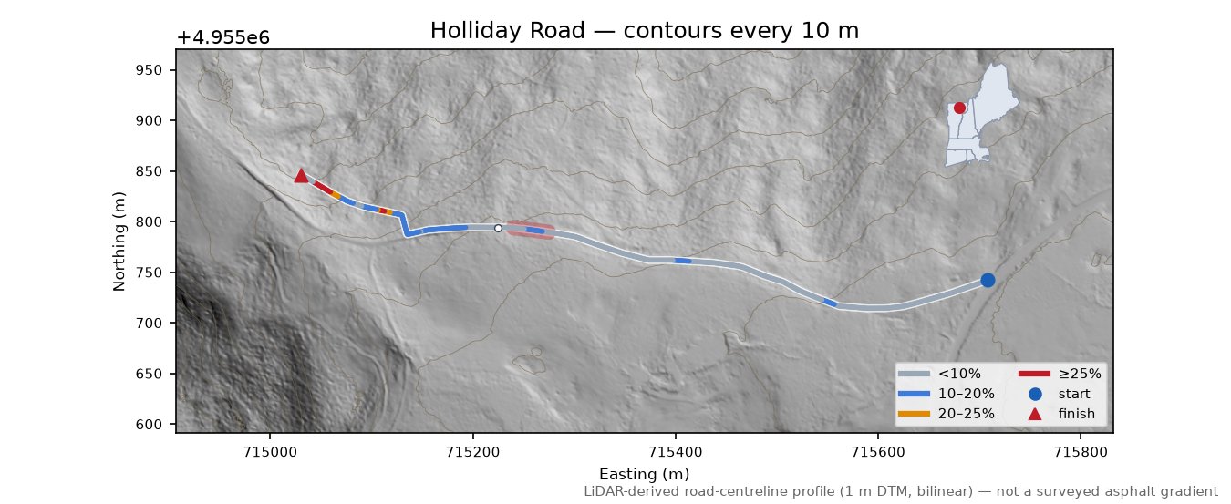 Holliday Road LiDAR hillshade map with contours