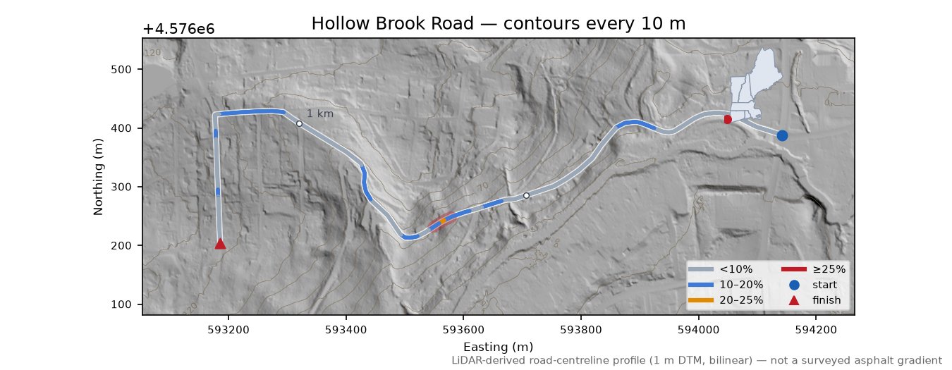 Hollow Brook Road LiDAR hillshade map with contours