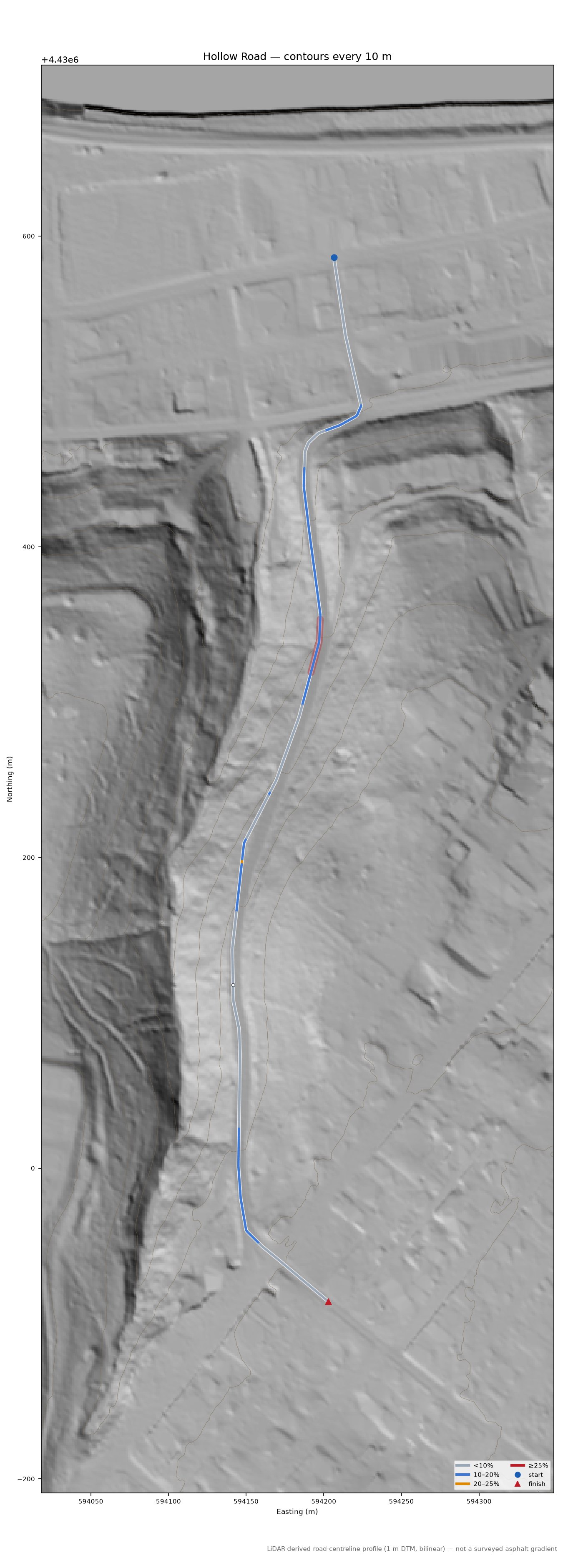 Hollow Road LiDAR hillshade map with contours