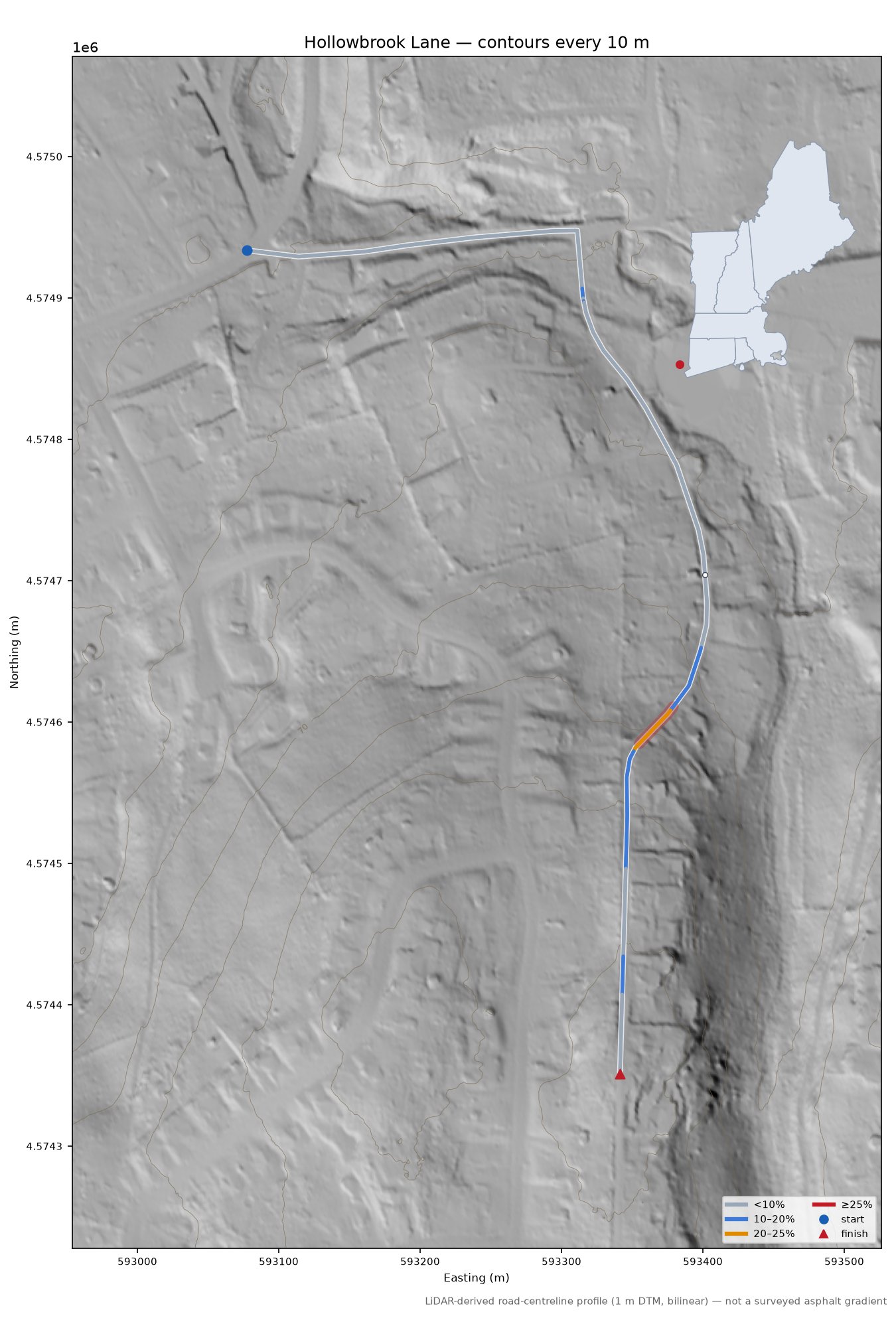Hollowbrook Lane LiDAR hillshade map with contours