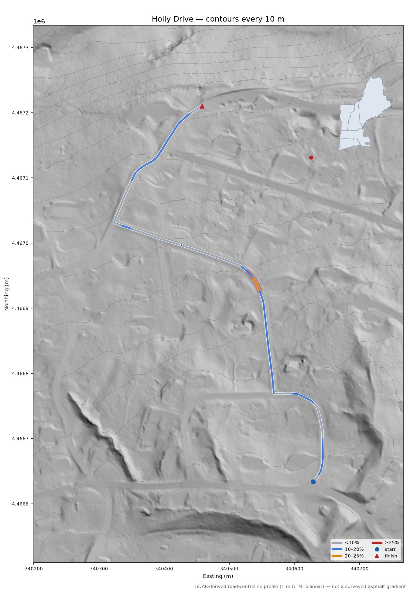 Holly Drive LiDAR hillshade map with contours