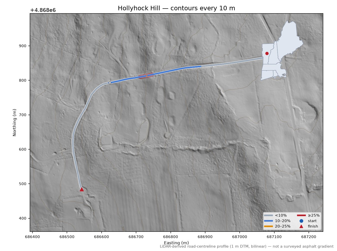 Hollyhock Hill LiDAR hillshade map with contours
