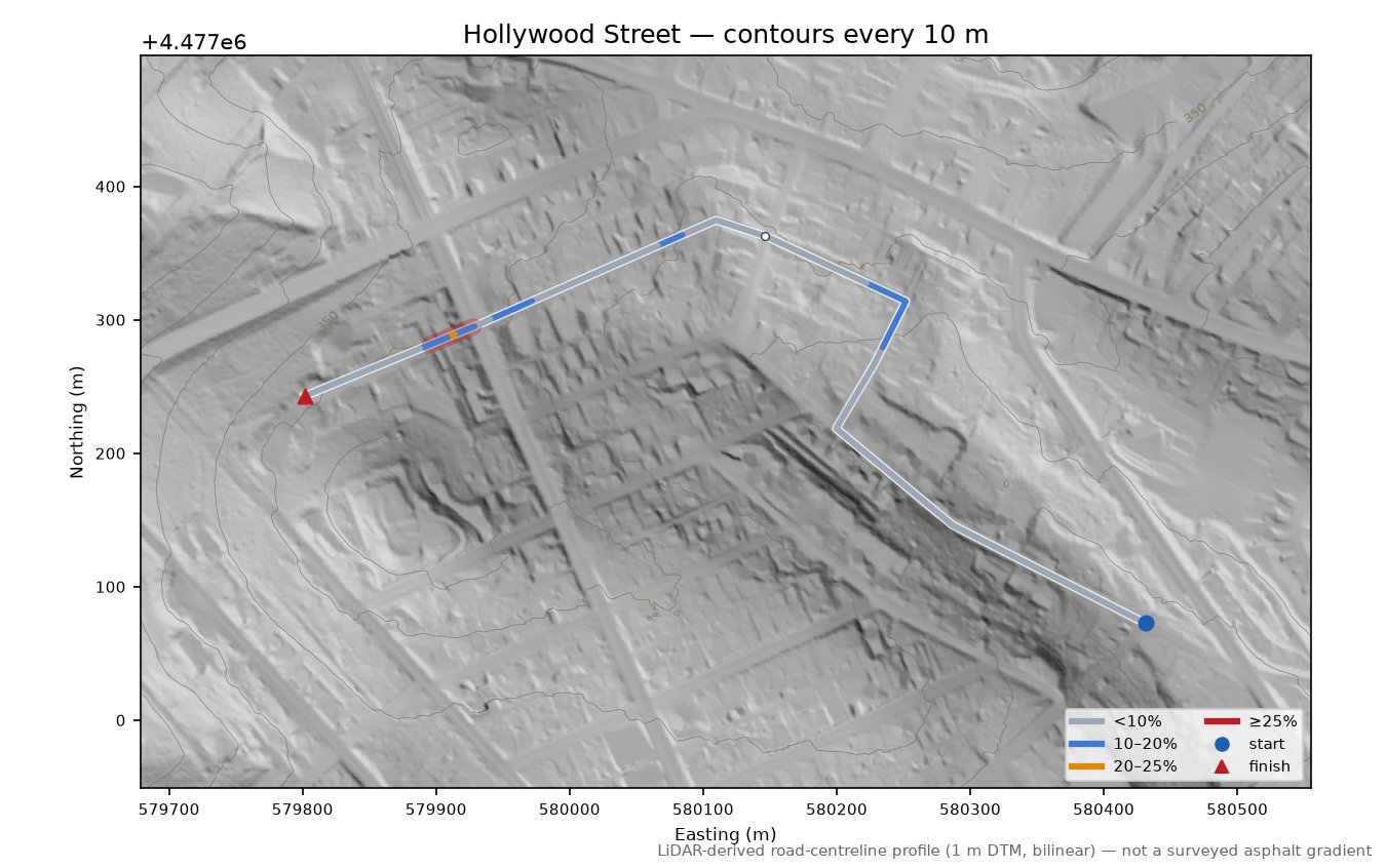 Hollywood Street LiDAR hillshade map with contours