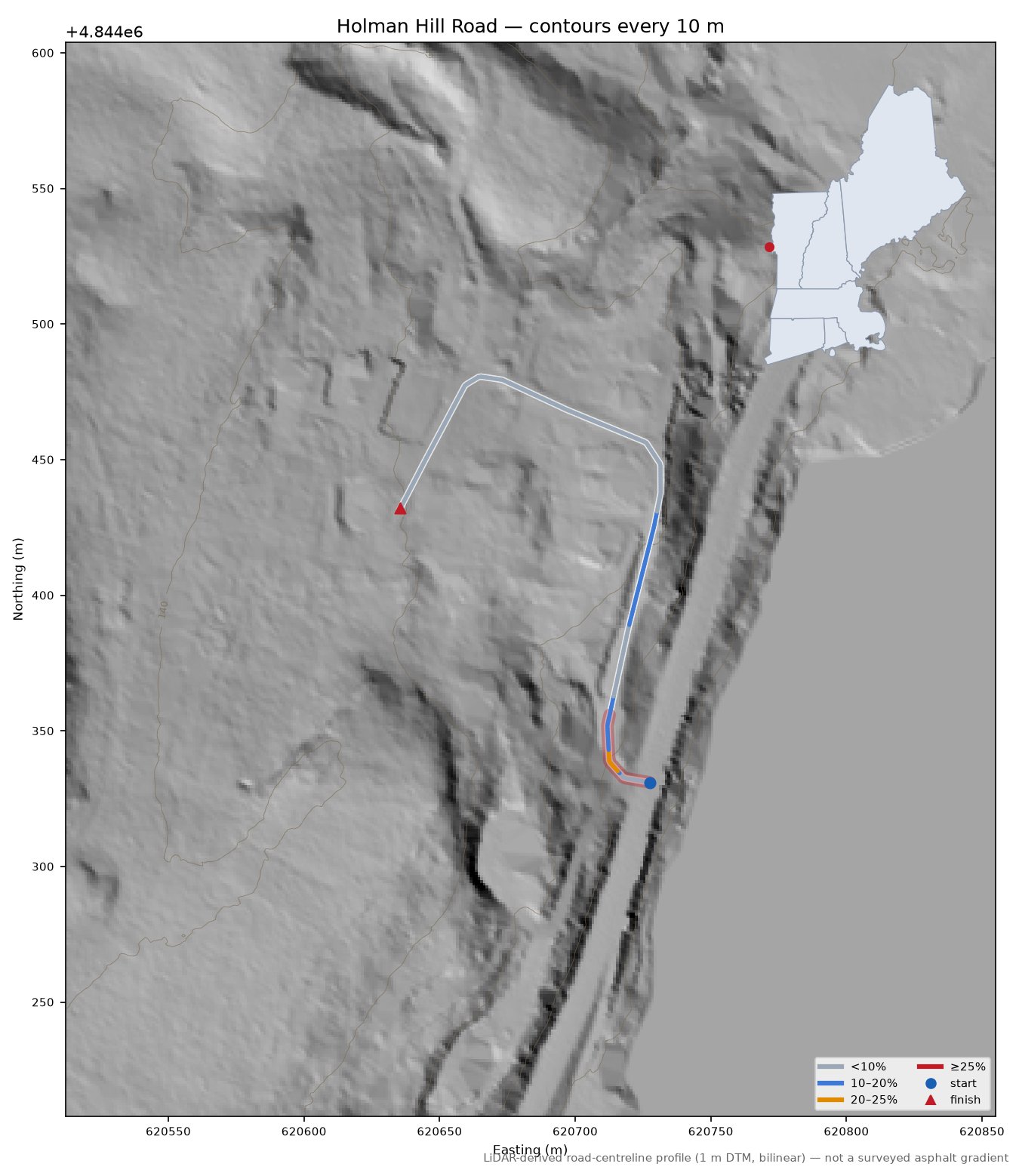 Holman Hill Road LiDAR hillshade map with contours