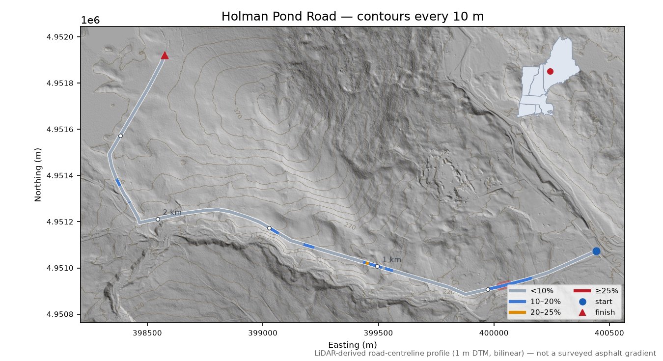 Holman Pond Road LiDAR hillshade map with contours