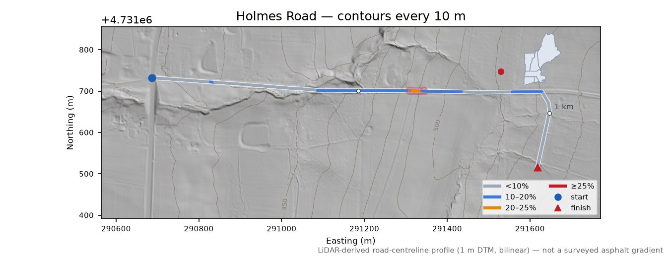 Holmes Road LiDAR hillshade map with contours