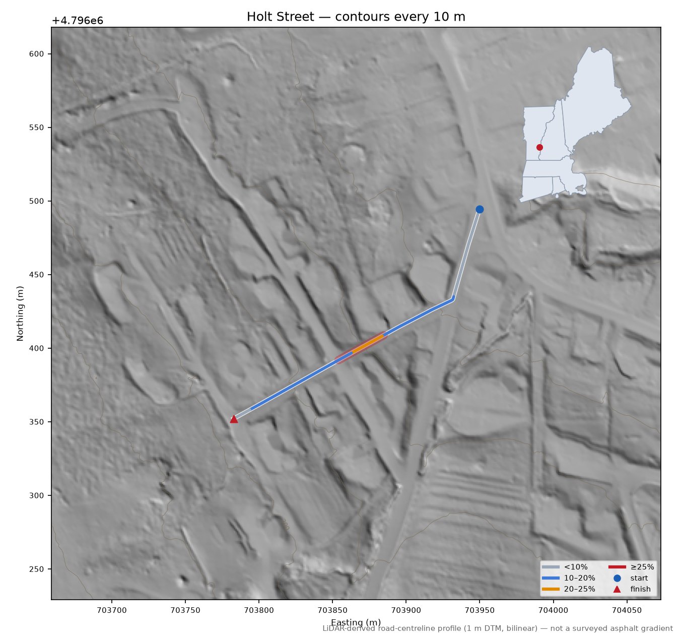 Holt Street LiDAR hillshade map with contours
