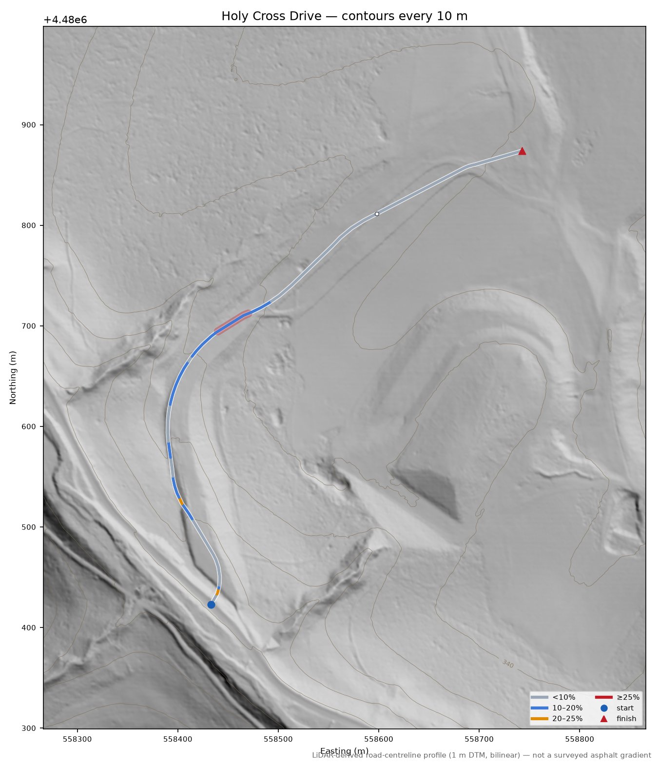 Holy Cross Drive LiDAR hillshade map with contours