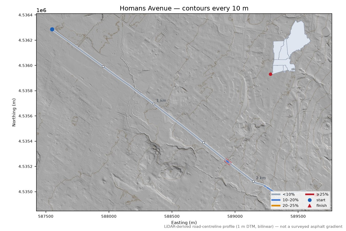 Homans Avenue LiDAR hillshade map with contours
