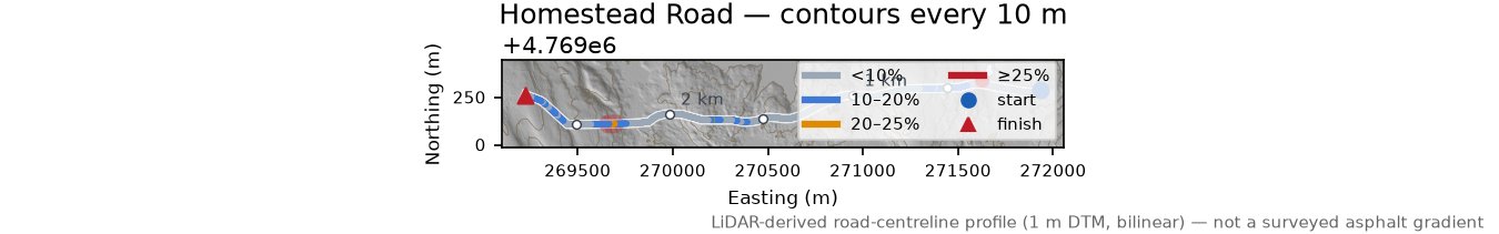 Homestead Road LiDAR hillshade map with contours