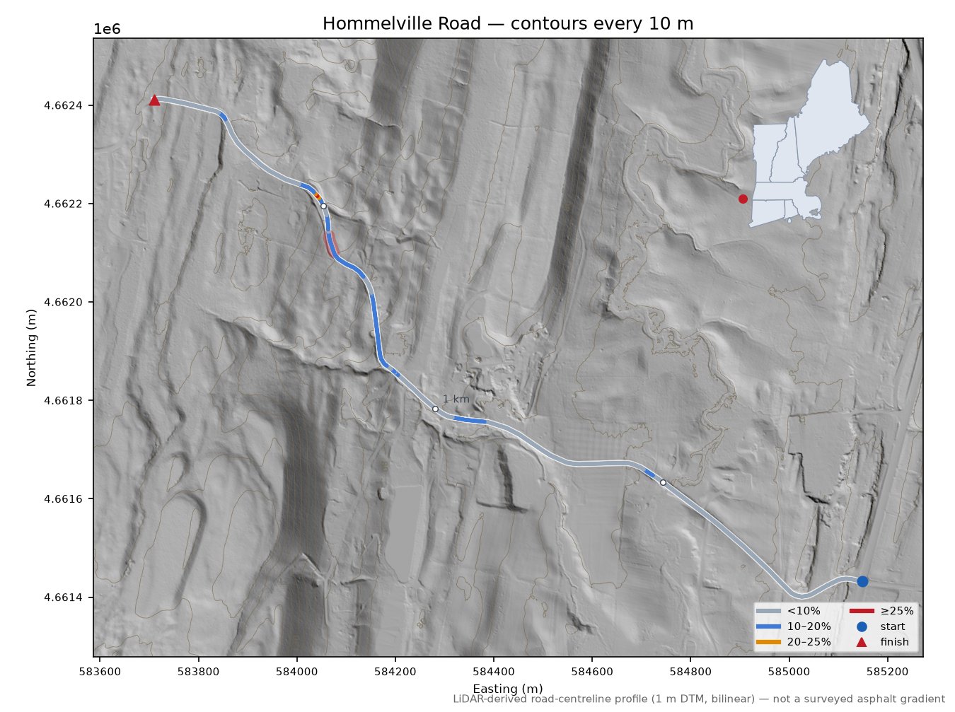 Hommelville Road LiDAR hillshade map with contours