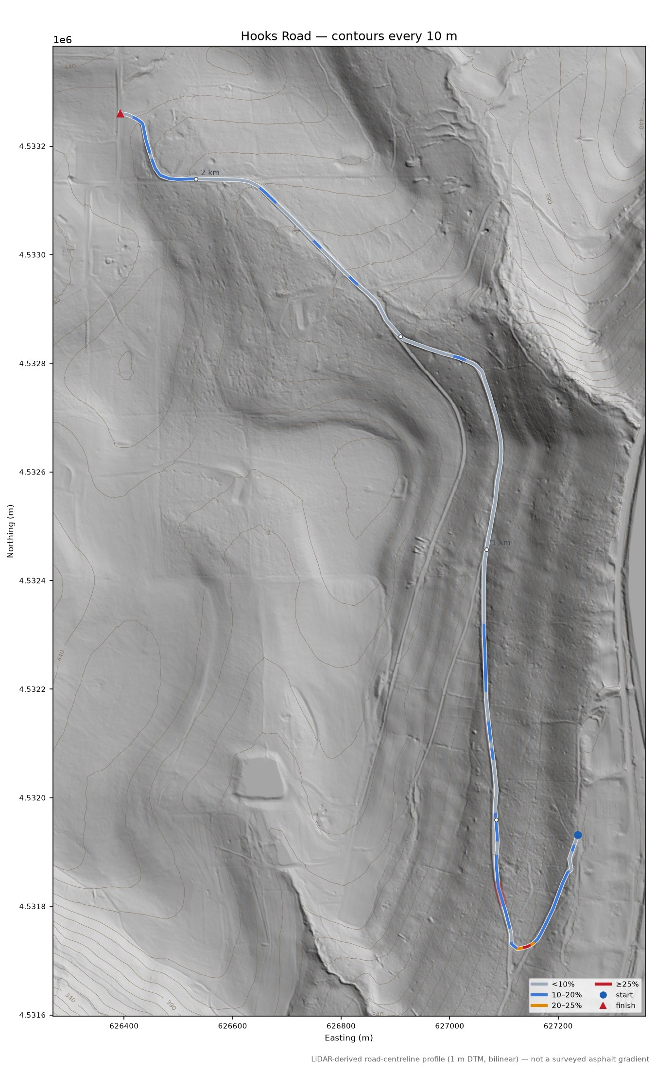 Hooks Road LiDAR hillshade map with contours