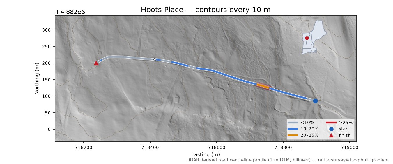 Hoots Place LiDAR hillshade map with contours