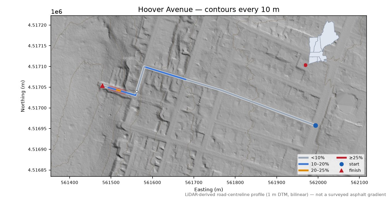 Hoover Avenue LiDAR hillshade map with contours