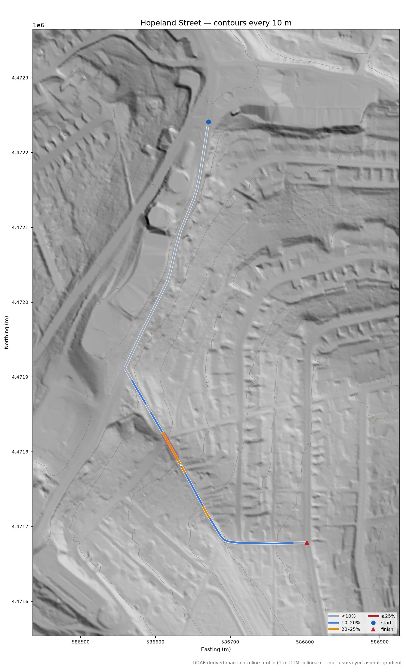 Hopeland Street LiDAR hillshade map with contours