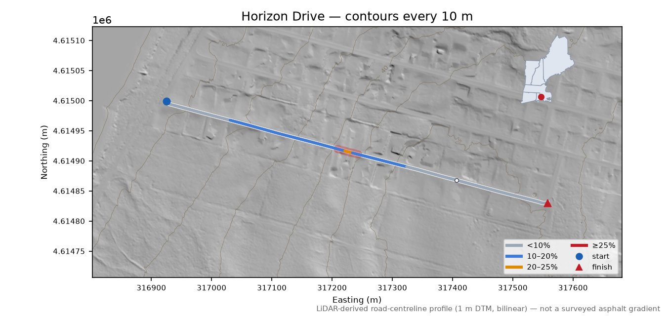 Horizon Drive LiDAR hillshade map with contours