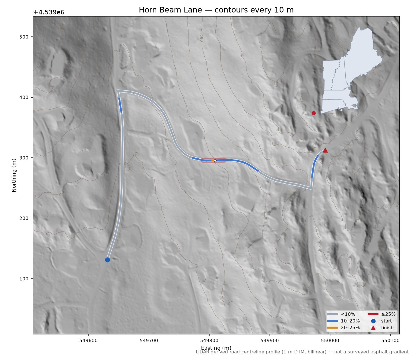 Horn Beam Lane LiDAR hillshade map with contours
