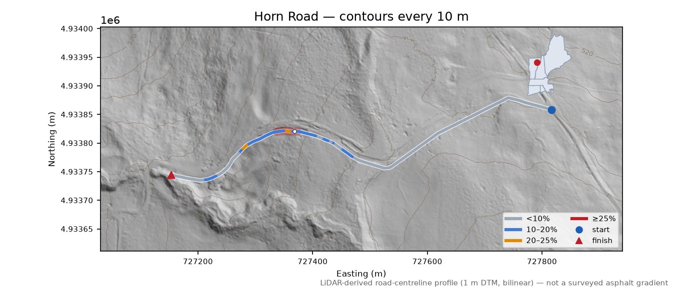 Horn Road LiDAR hillshade map with contours