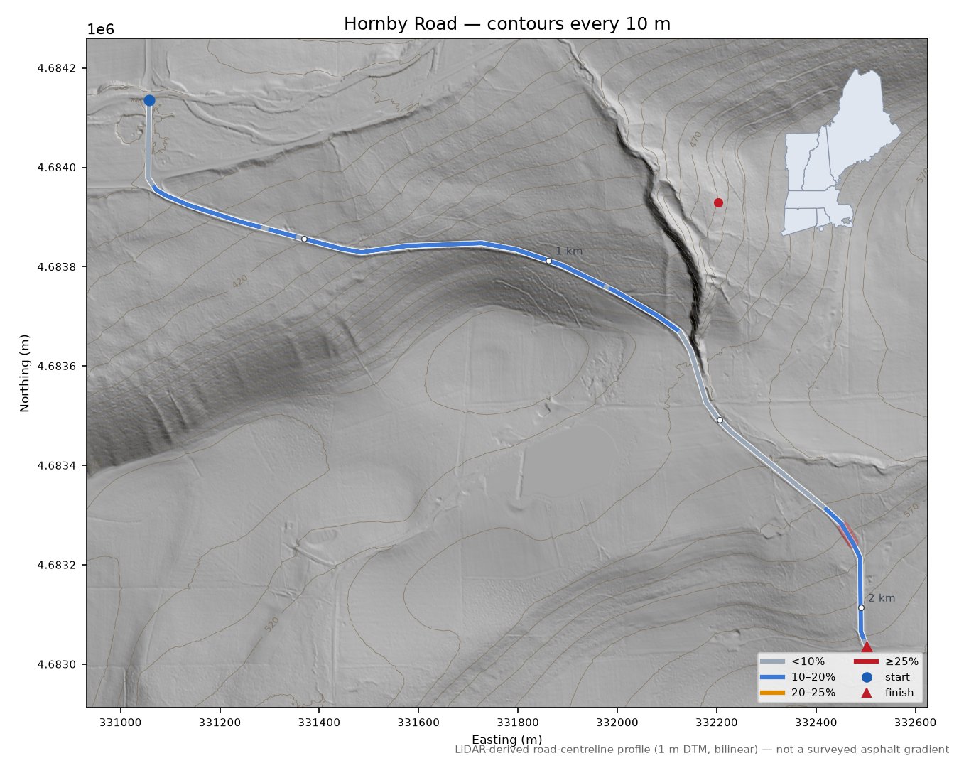 Hornby Road LiDAR hillshade map with contours
