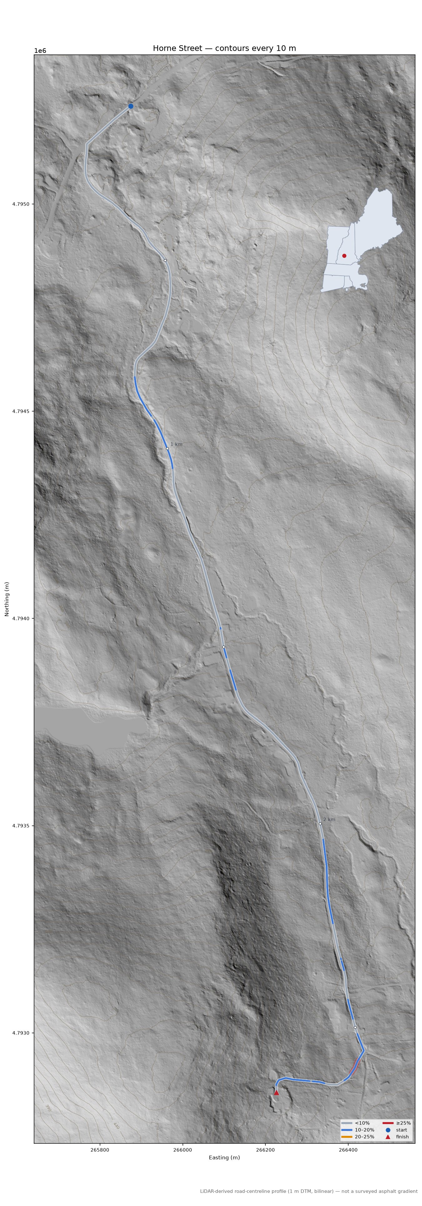 Horne Street LiDAR hillshade map with contours