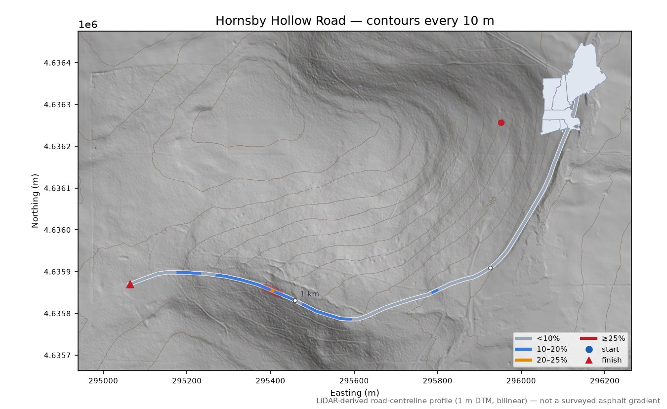 Hornsby Hollow Road LiDAR hillshade map with contours