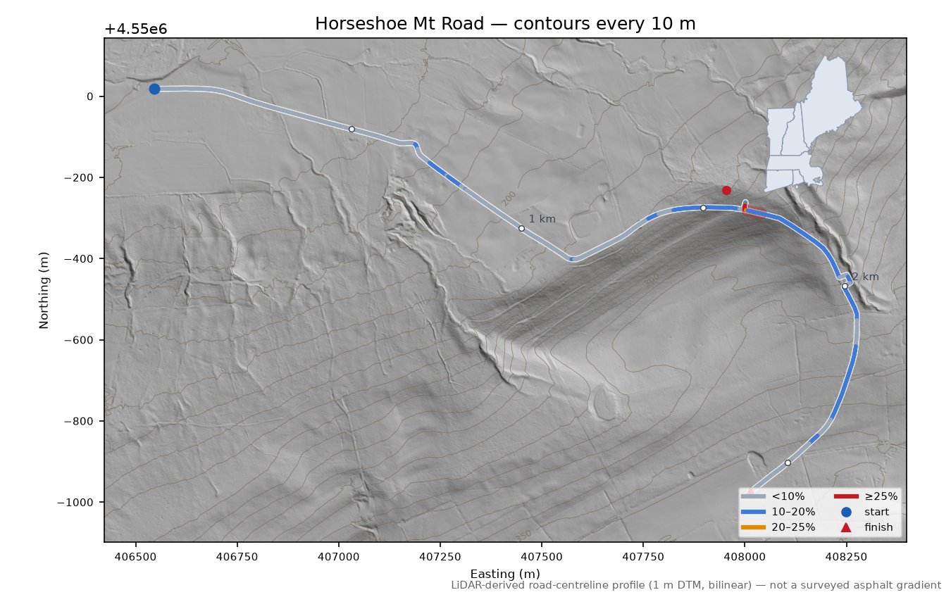 Horseshoe Mt Road LiDAR hillshade map with contours