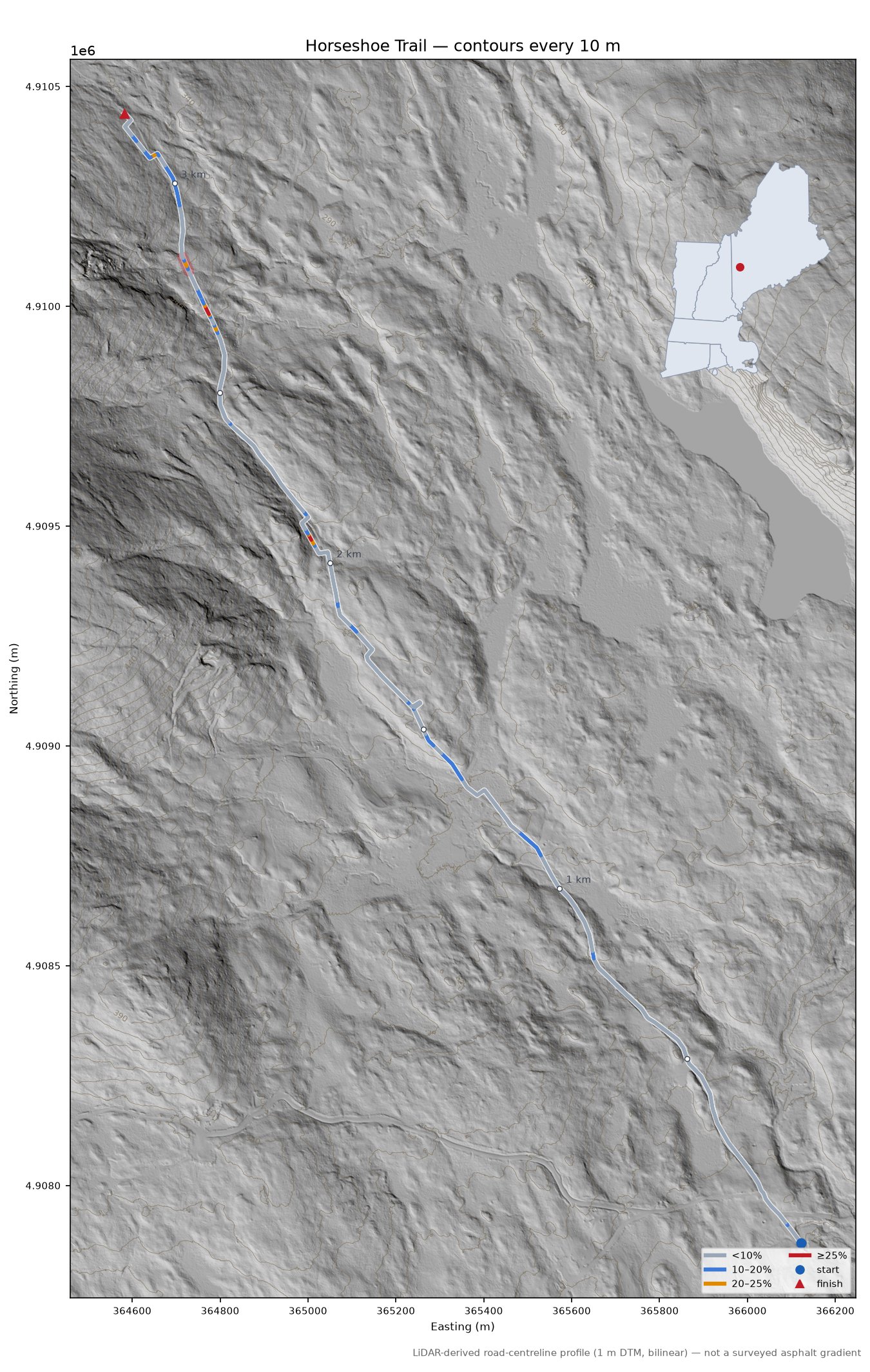 Horseshoe Trail LiDAR hillshade map with contours