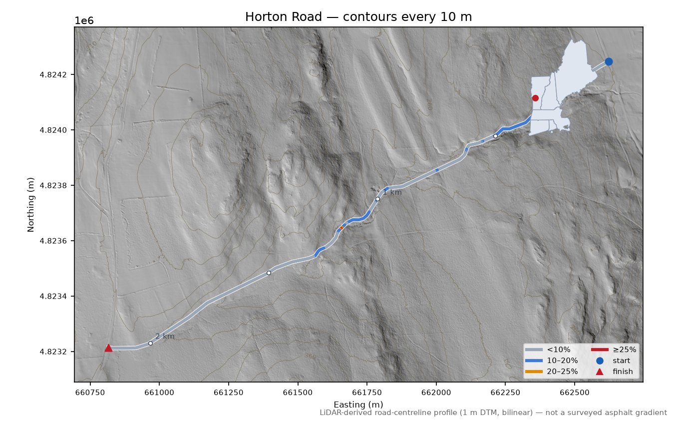 Horton Road LiDAR hillshade map with contours
