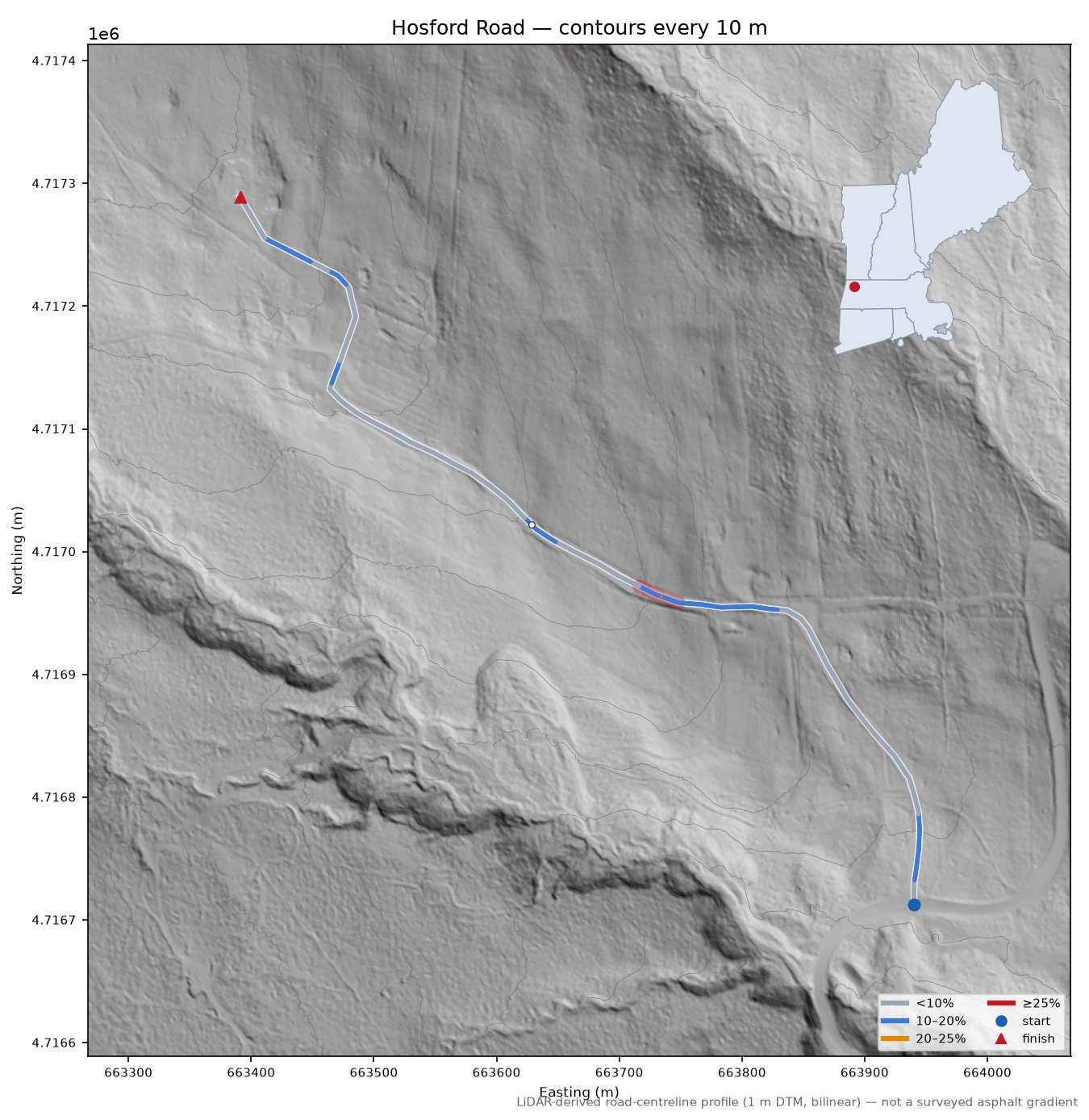 Hosford Road LiDAR hillshade map with contours