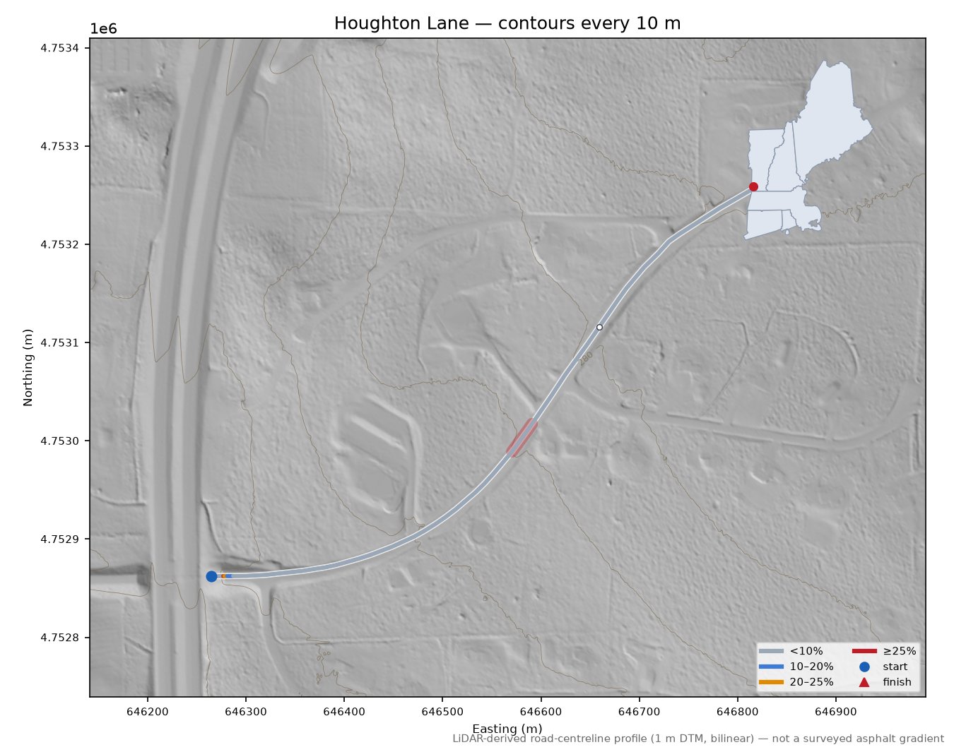 Houghton Lane LiDAR hillshade map with contours