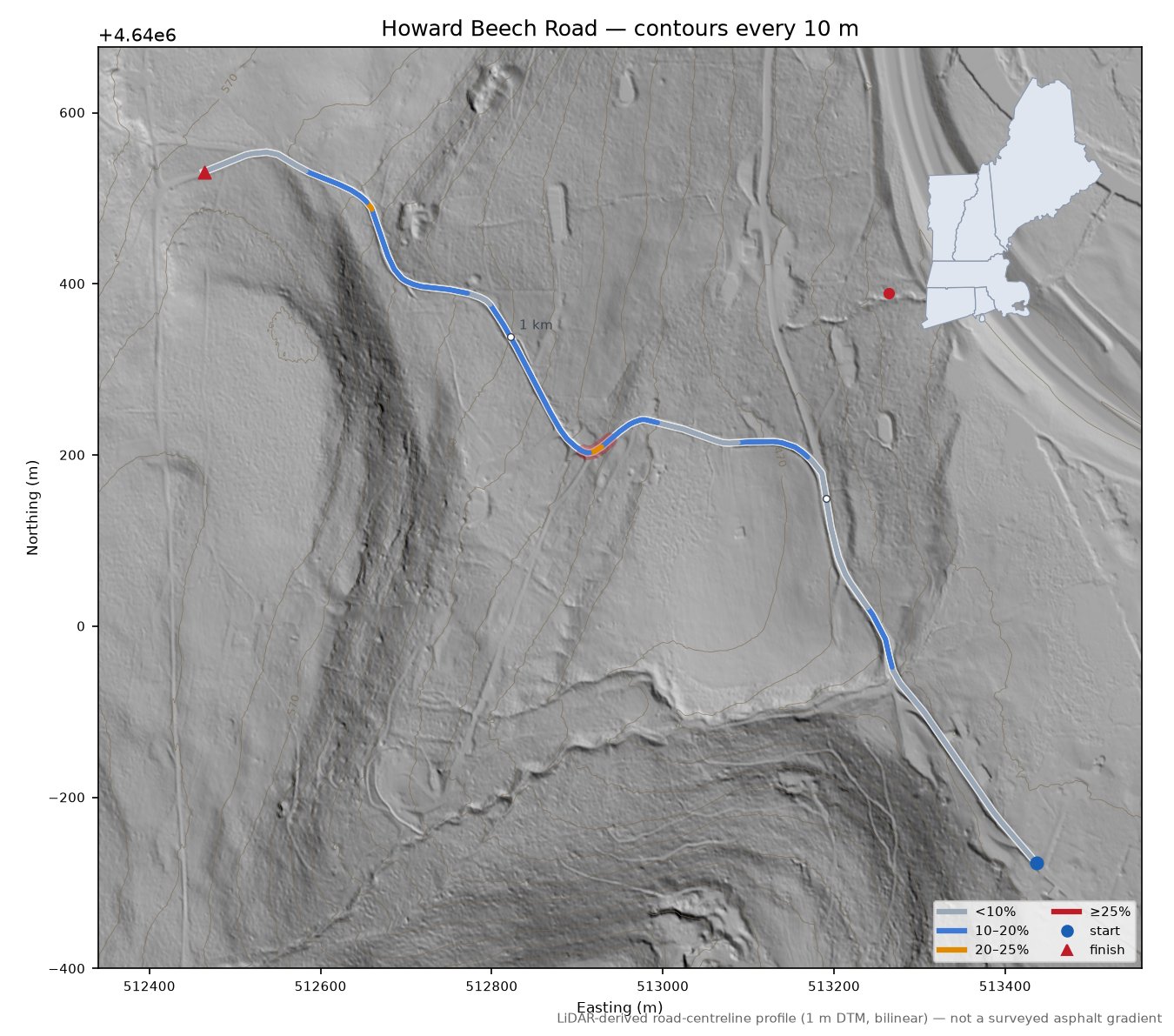 Howard Beech Road LiDAR hillshade map with contours
